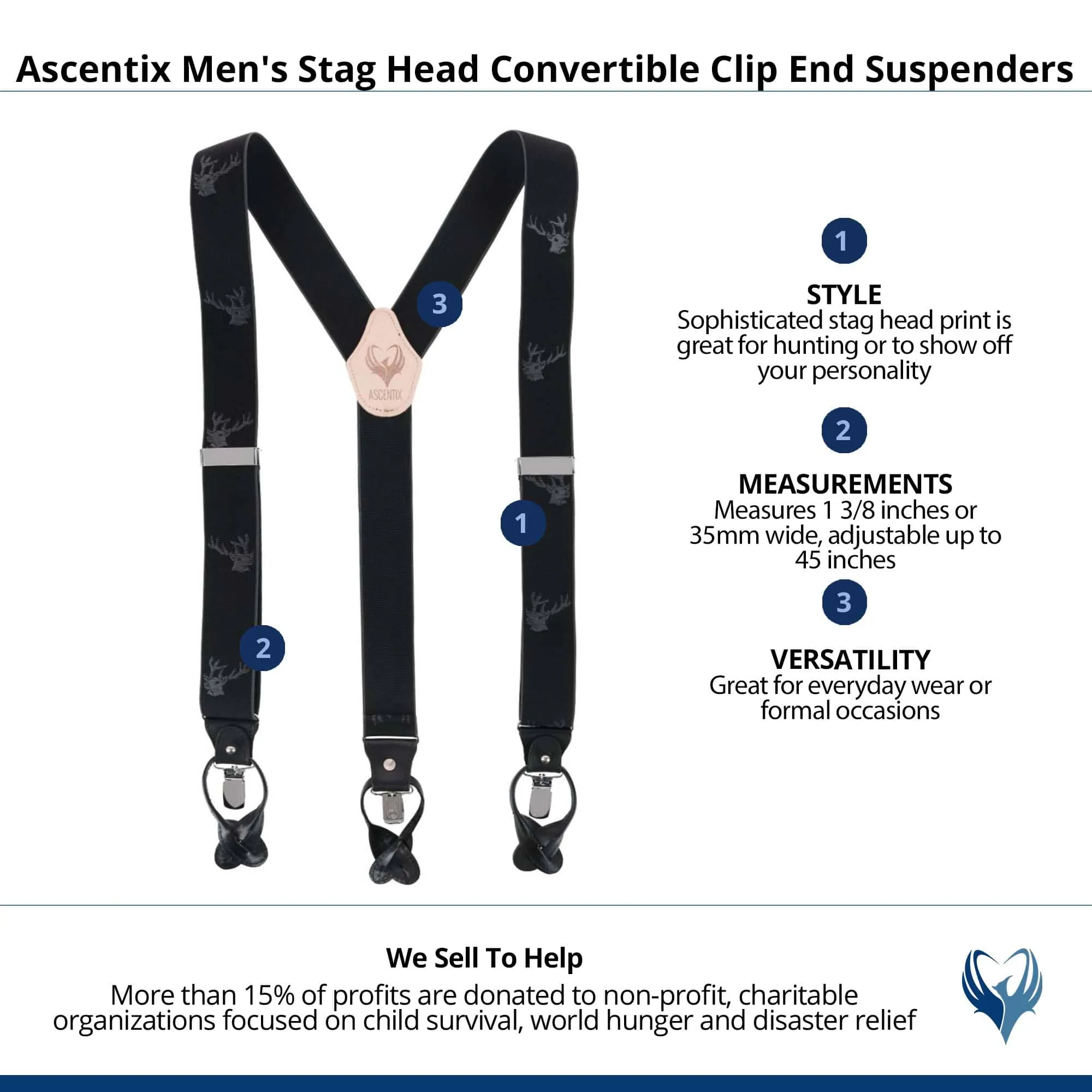 Ascentix Men's Stag Head Convertible Clip End Suspenders
