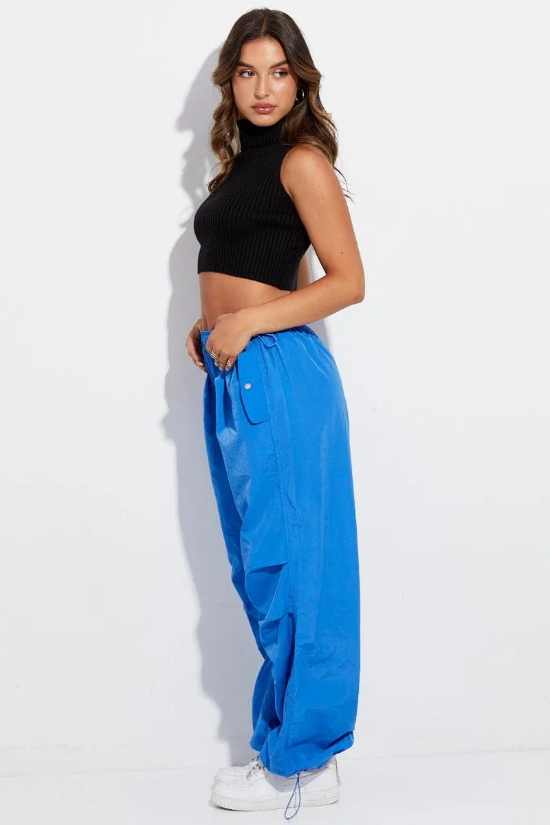 Blue Parachute Cargo Pants Low Rise