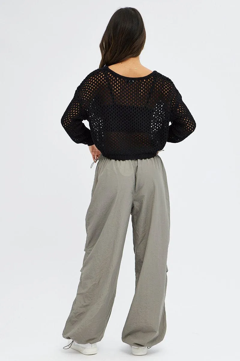 Grey Parachute Cargo Pants Low Rise