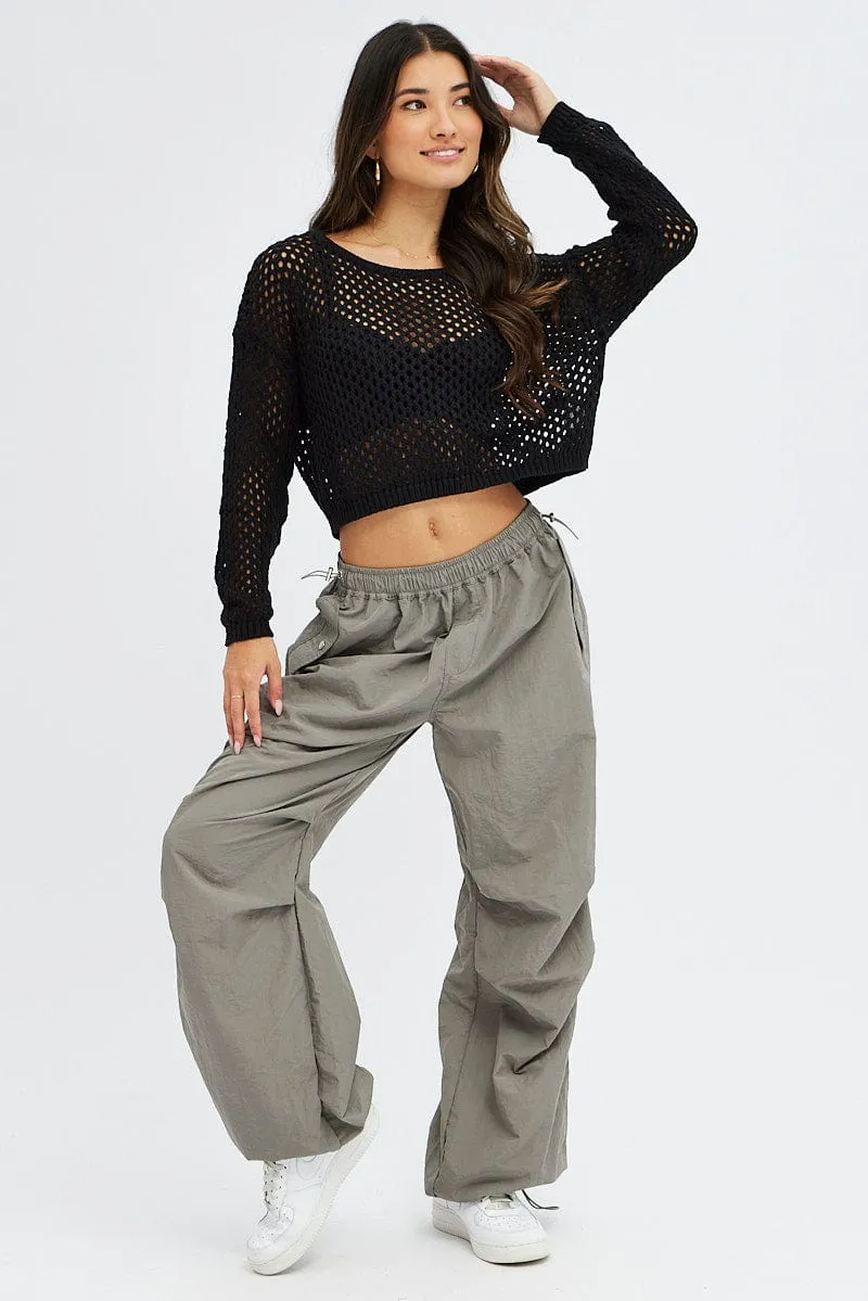 Grey Parachute Cargo Pants Low Rise