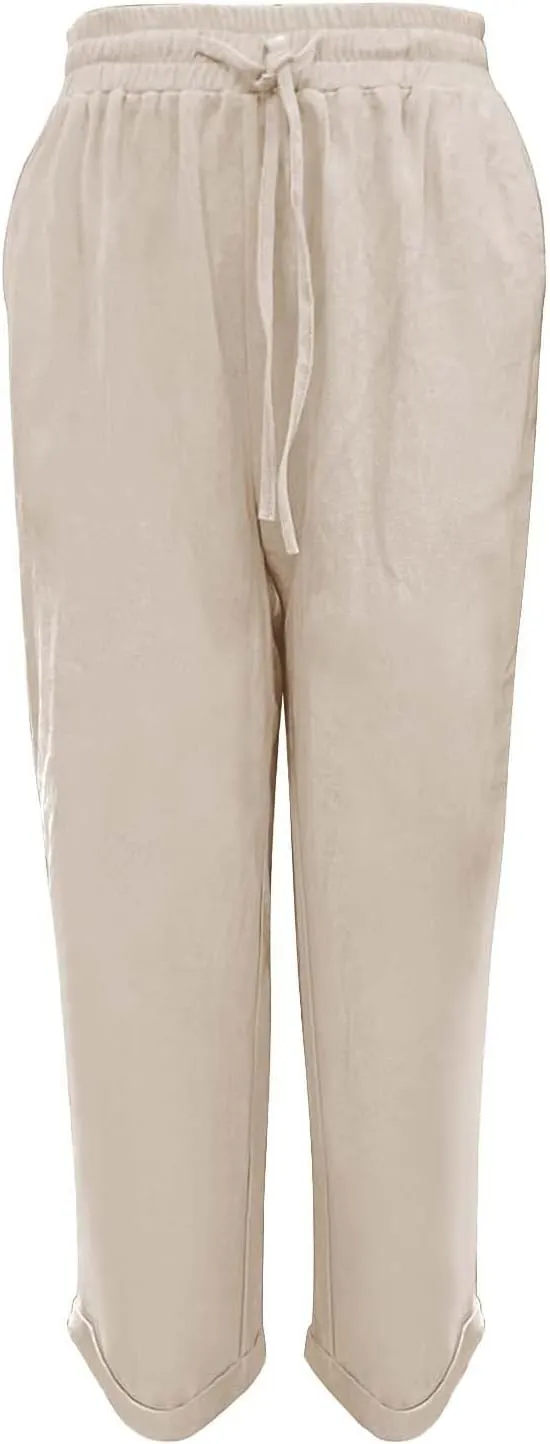 Linen Pants Women Lounge Athletic Work Elastic Comfy Bermuda Petite High Waisted Palazzo Capri Joggers Set