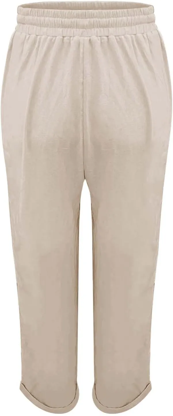 Linen Pants Women Lounge Athletic Work Elastic Comfy Bermuda Petite High Waisted Palazzo Capri Joggers Set