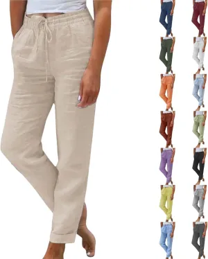 Linen Pants Women Lounge Athletic Work Elastic Comfy Bermuda Petite High Waisted Palazzo Capri Joggers Set
