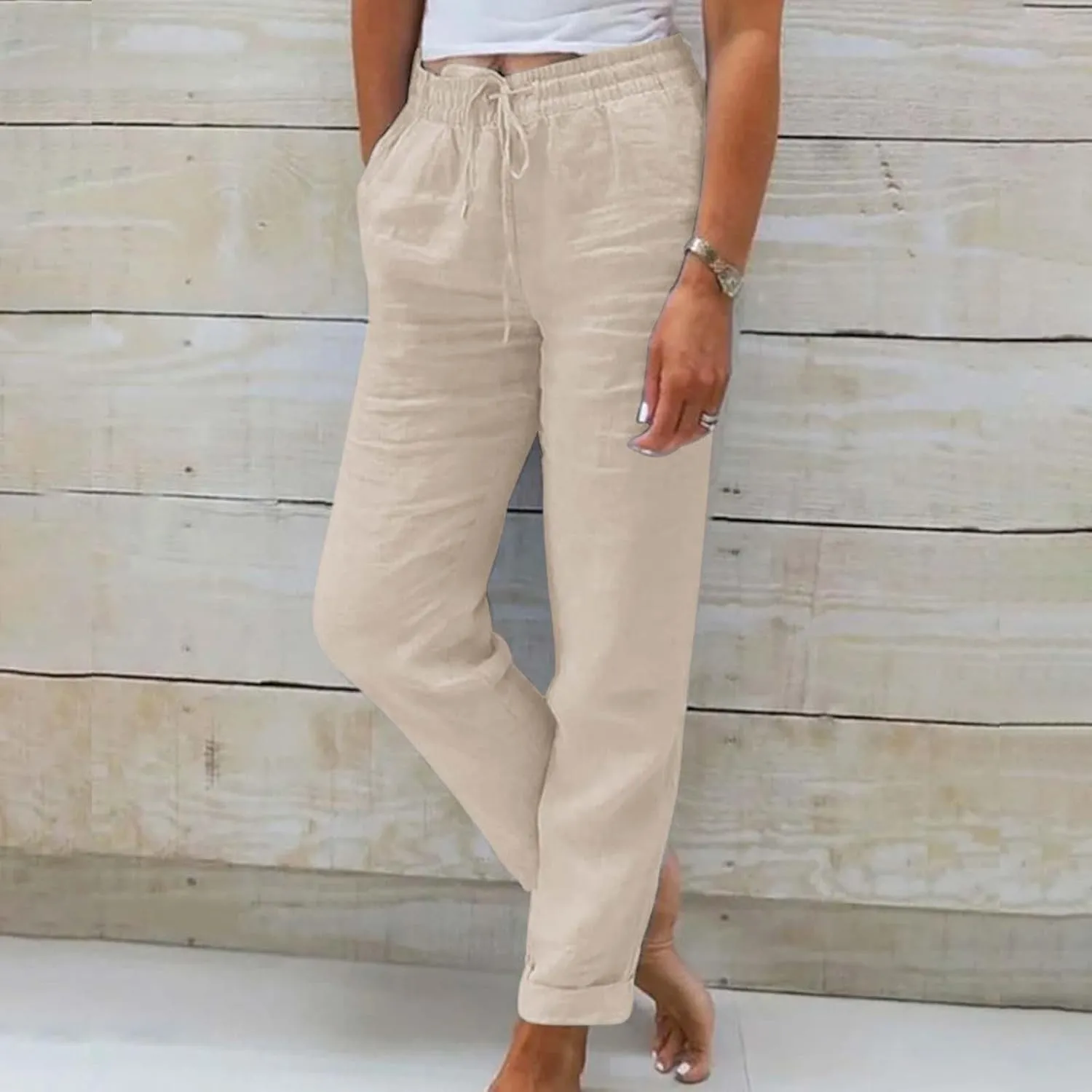 Linen Pants Women Lounge Athletic Work Elastic Comfy Bermuda Petite High Waisted Palazzo Capri Joggers Set