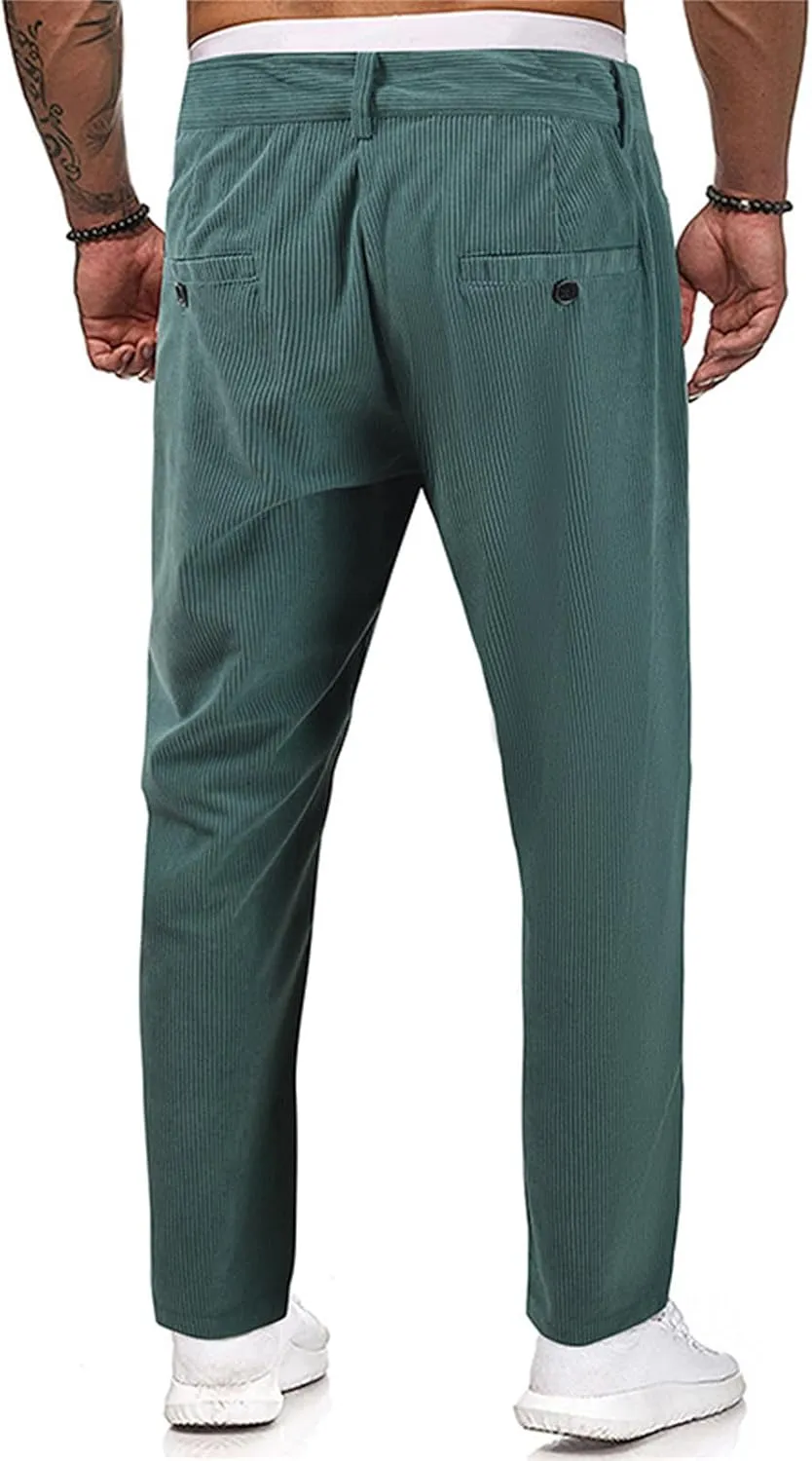 Men's Casual Corduroy Pants Solid Color Summer Straight Leg Stylish Trousers Slim Fit Fashion Spring Pleated Pants