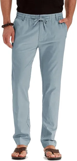 Men's Drawstring Linen Pants Casual Summer Loose Beach Trousers Classic Solid Color Straight-Legs Slim Fit Yoga Pants