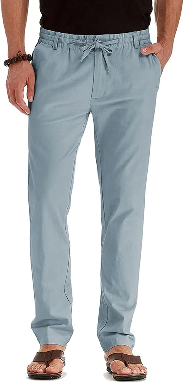 Men's Drawstring Linen Pants Casual Summer Loose Beach Trousers Classic Solid Color Straight-Legs Slim Fit Yoga Pants