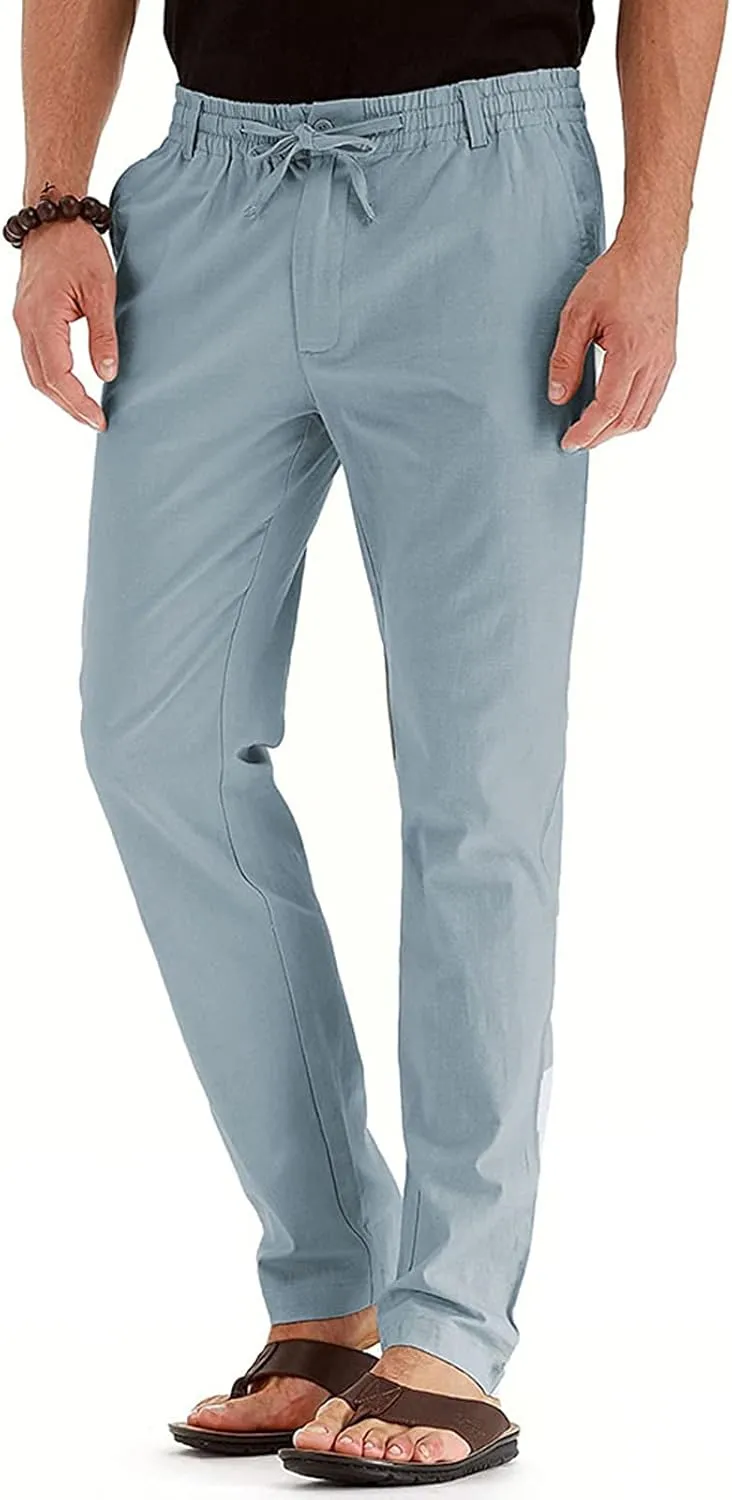 Men's Drawstring Linen Pants Casual Summer Loose Beach Trousers Classic Solid Color Straight-Legs Slim Fit Yoga Pants