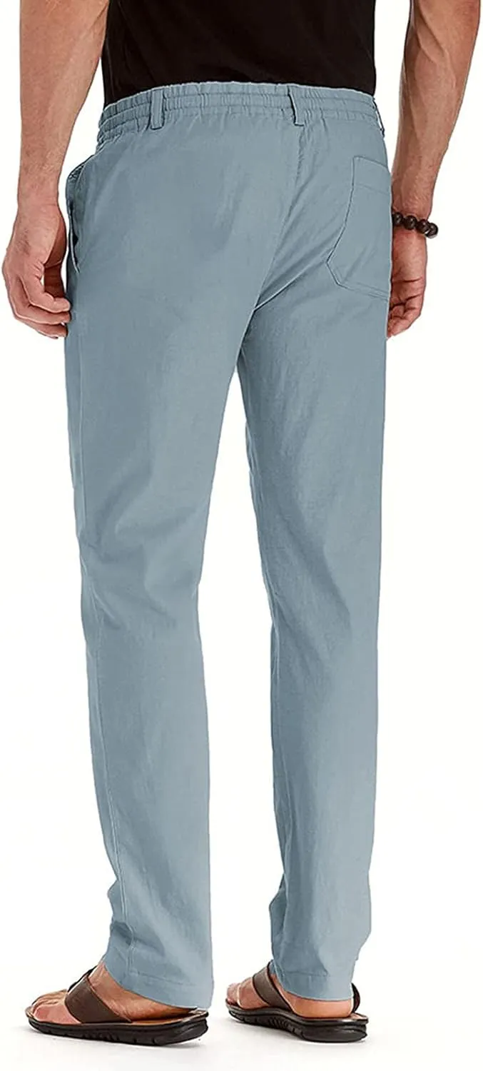 Men's Drawstring Linen Pants Casual Summer Loose Beach Trousers Classic Solid Color Straight-Legs Slim Fit Yoga Pants