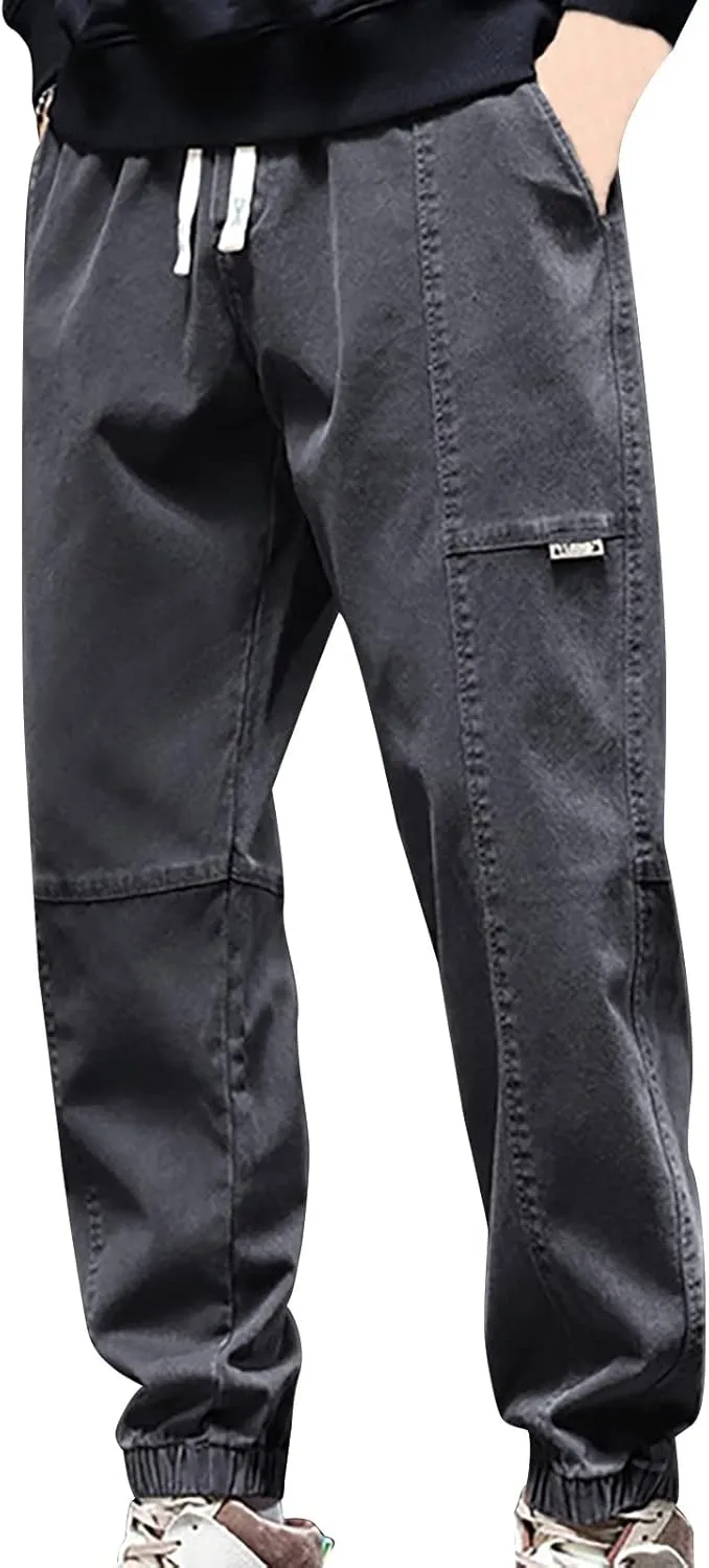 Mens Harem Causal Cargo Trousers Tactical Solid Color Jogger Overalls Drawstring Outdoor Military Combat Hiking Sweatpants