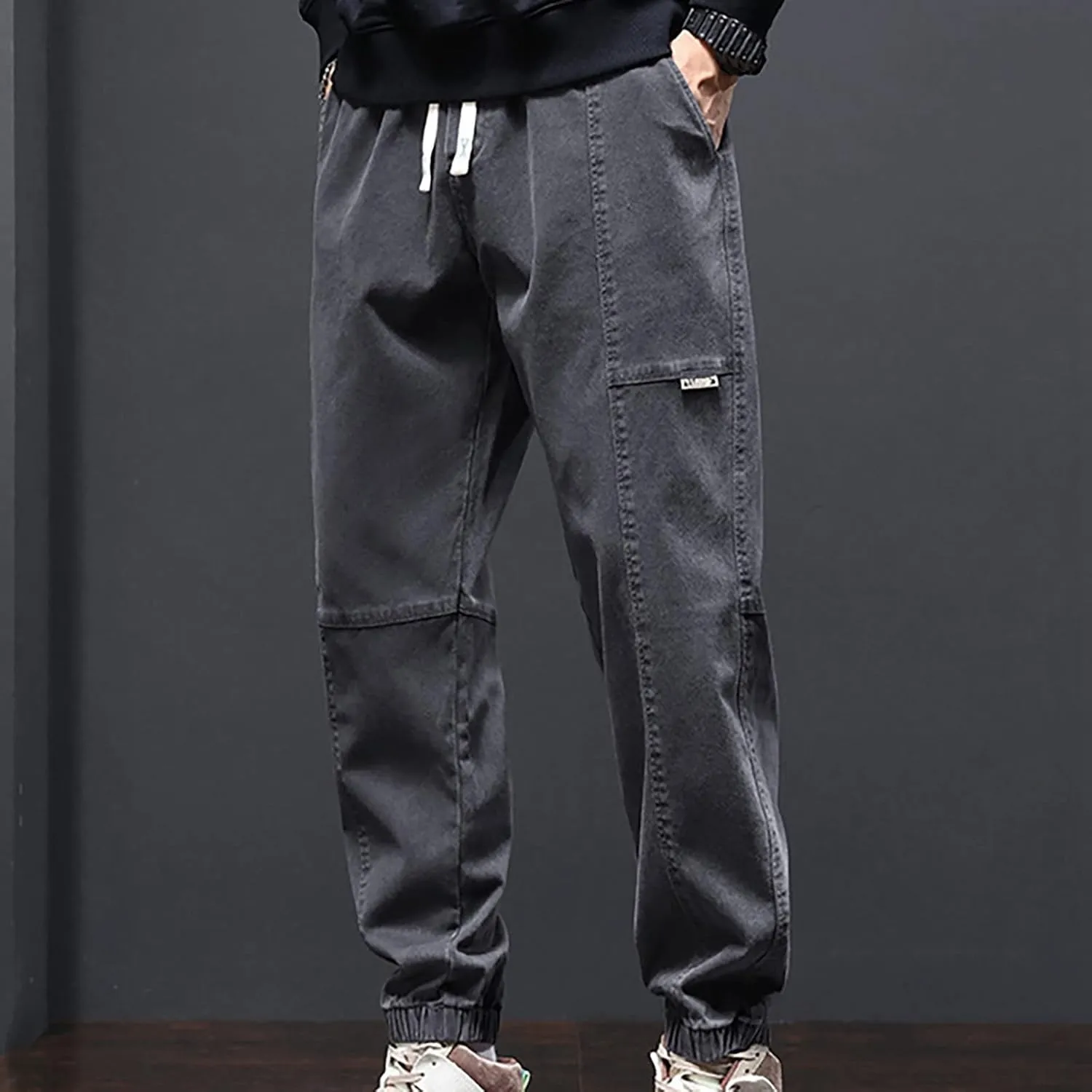 Mens Harem Causal Cargo Trousers Tactical Solid Color Jogger Overalls Drawstring Outdoor Military Combat Hiking Sweatpants