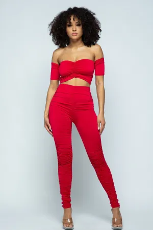 Nikki Off Shoulder Ruched Red Set