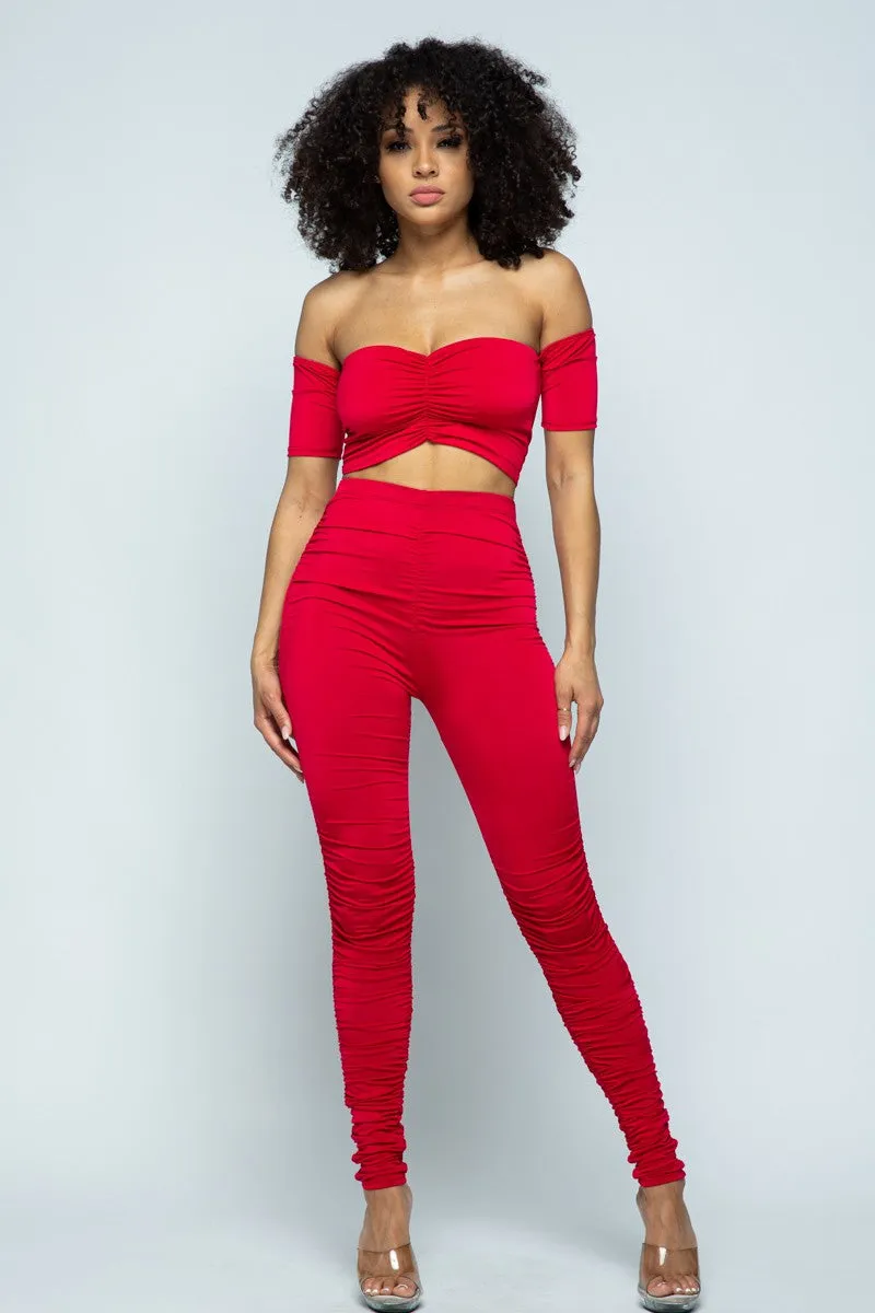 Nikki Off Shoulder Ruched Red Set