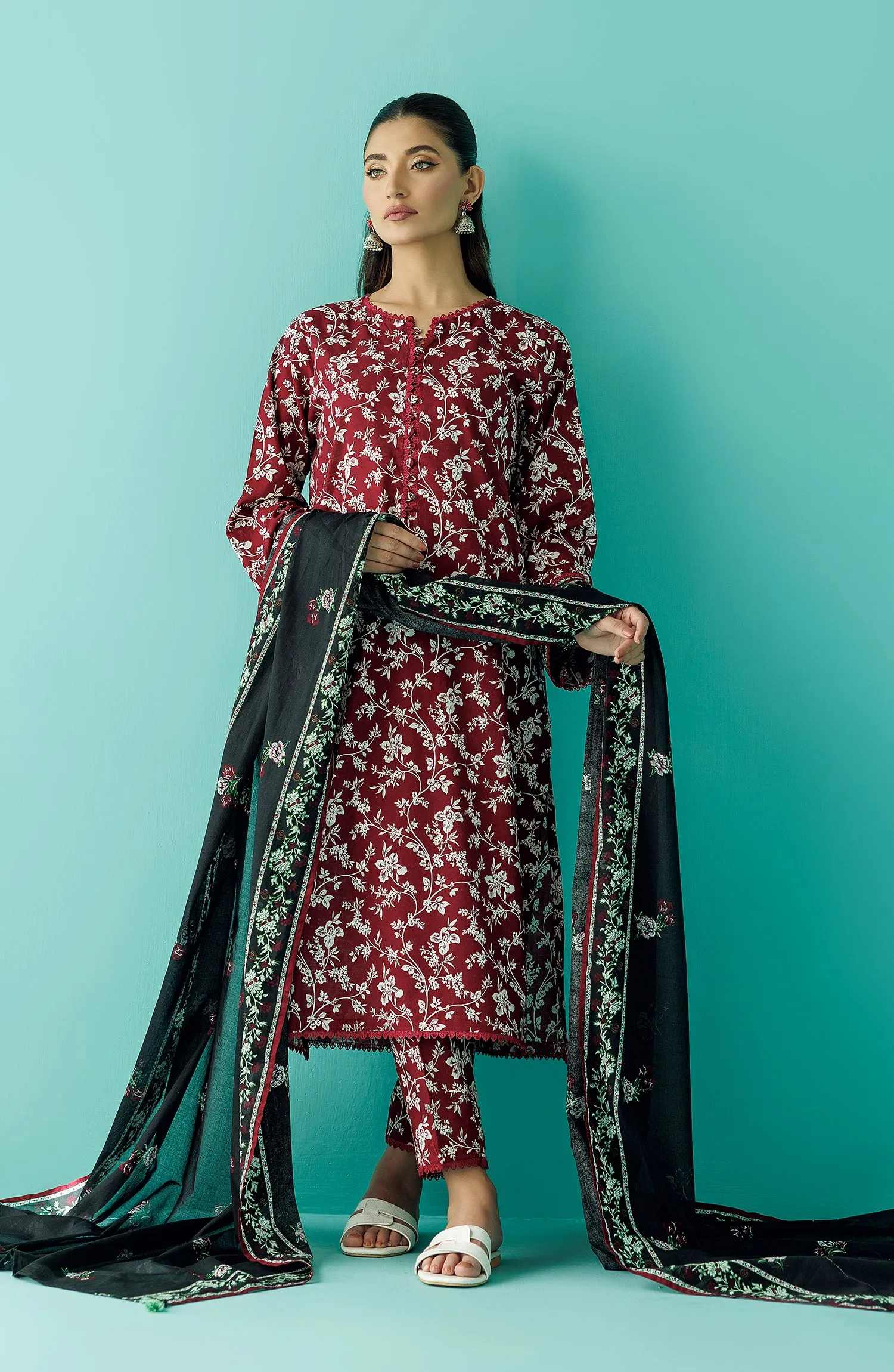 Stitched 3 Piece Printed Lawn Shirt , Cambric Pant and Lawn Dupatta (OTL-24-069/S MAROON)