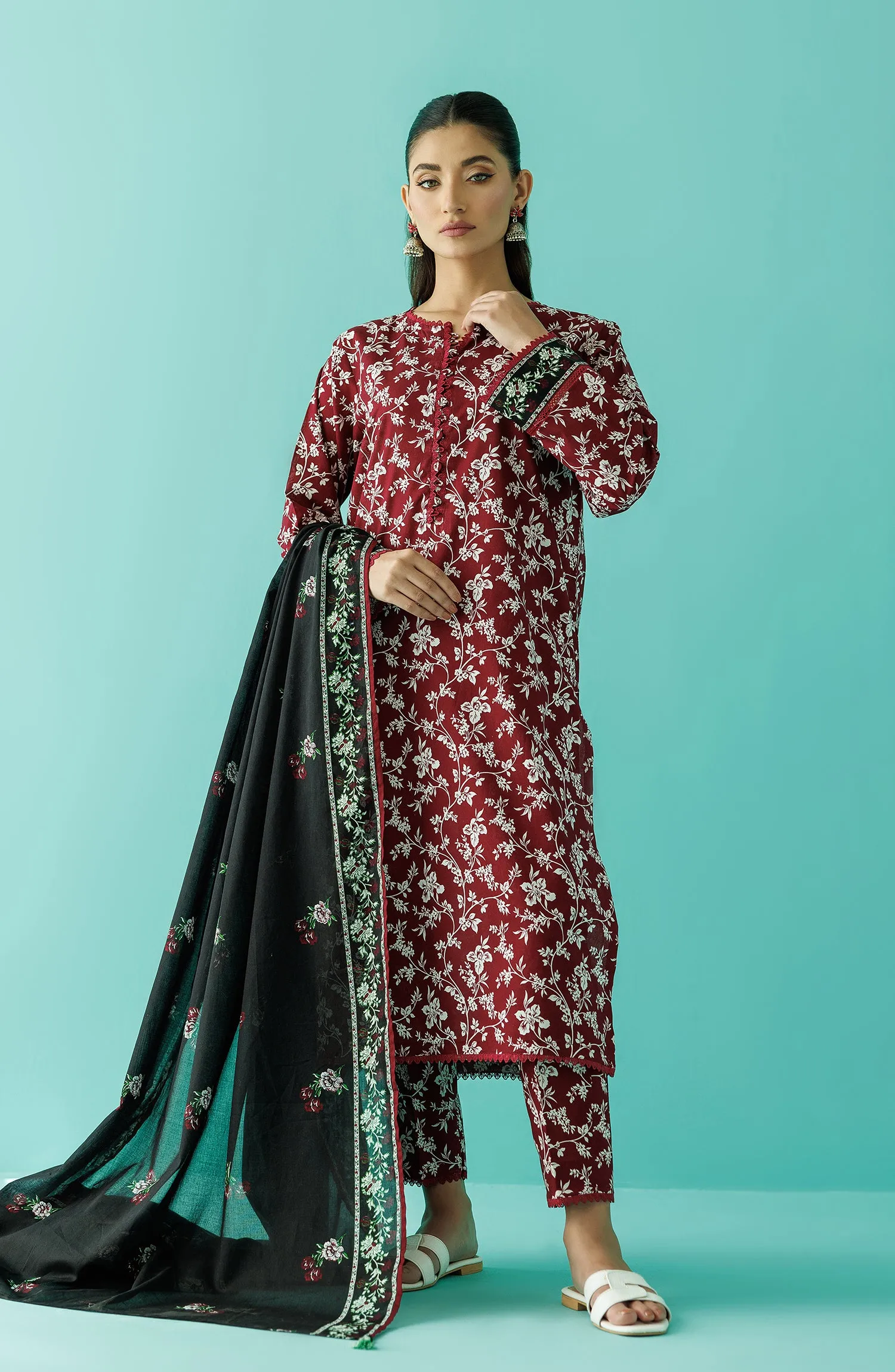 Stitched 3 Piece Printed Lawn Shirt , Cambric Pant and Lawn Dupatta (OTL-24-069/S MAROON)