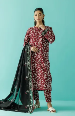 Stitched 3 Piece Printed Lawn Shirt , Cambric Pant and Lawn Dupatta (OTL-24-069/S MAROON)