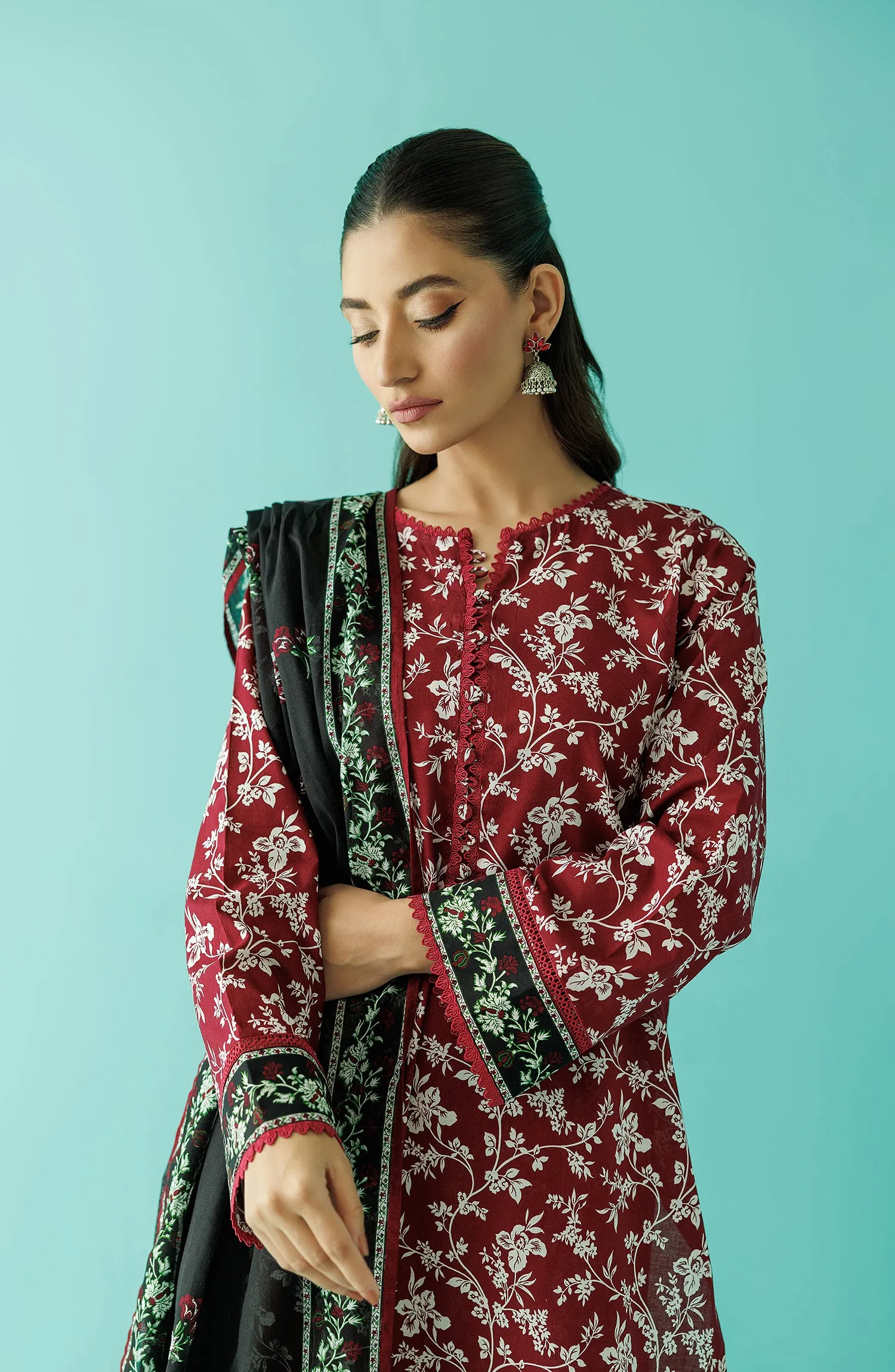 Stitched 3 Piece Printed Lawn Shirt , Cambric Pant and Lawn Dupatta (OTL-24-069/S MAROON)