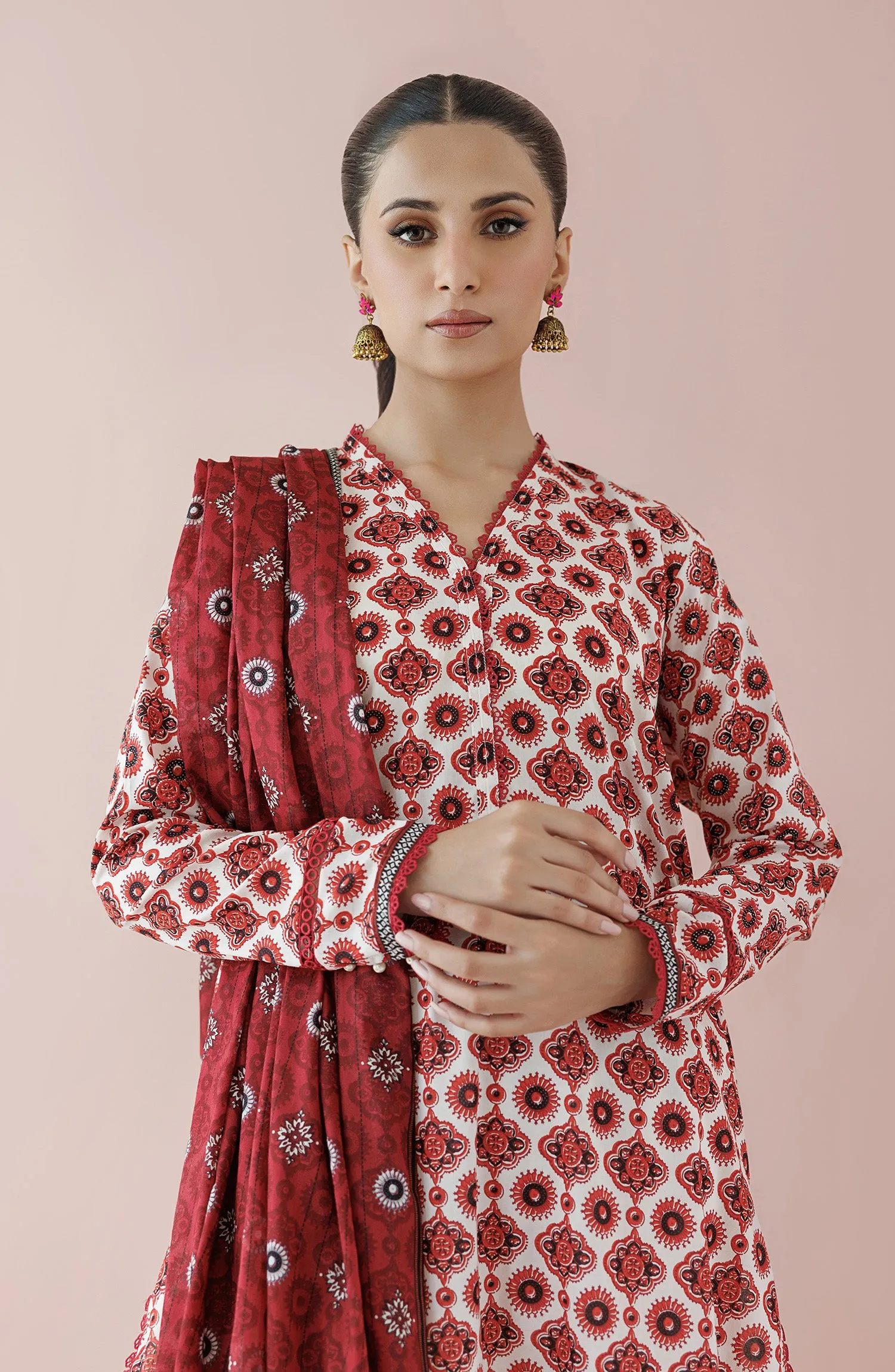Stitched 3 Piece Printed Lawn Shirt , Cambric Pant and Lawn Dupatta (OTL-24-158/S BEIGE)