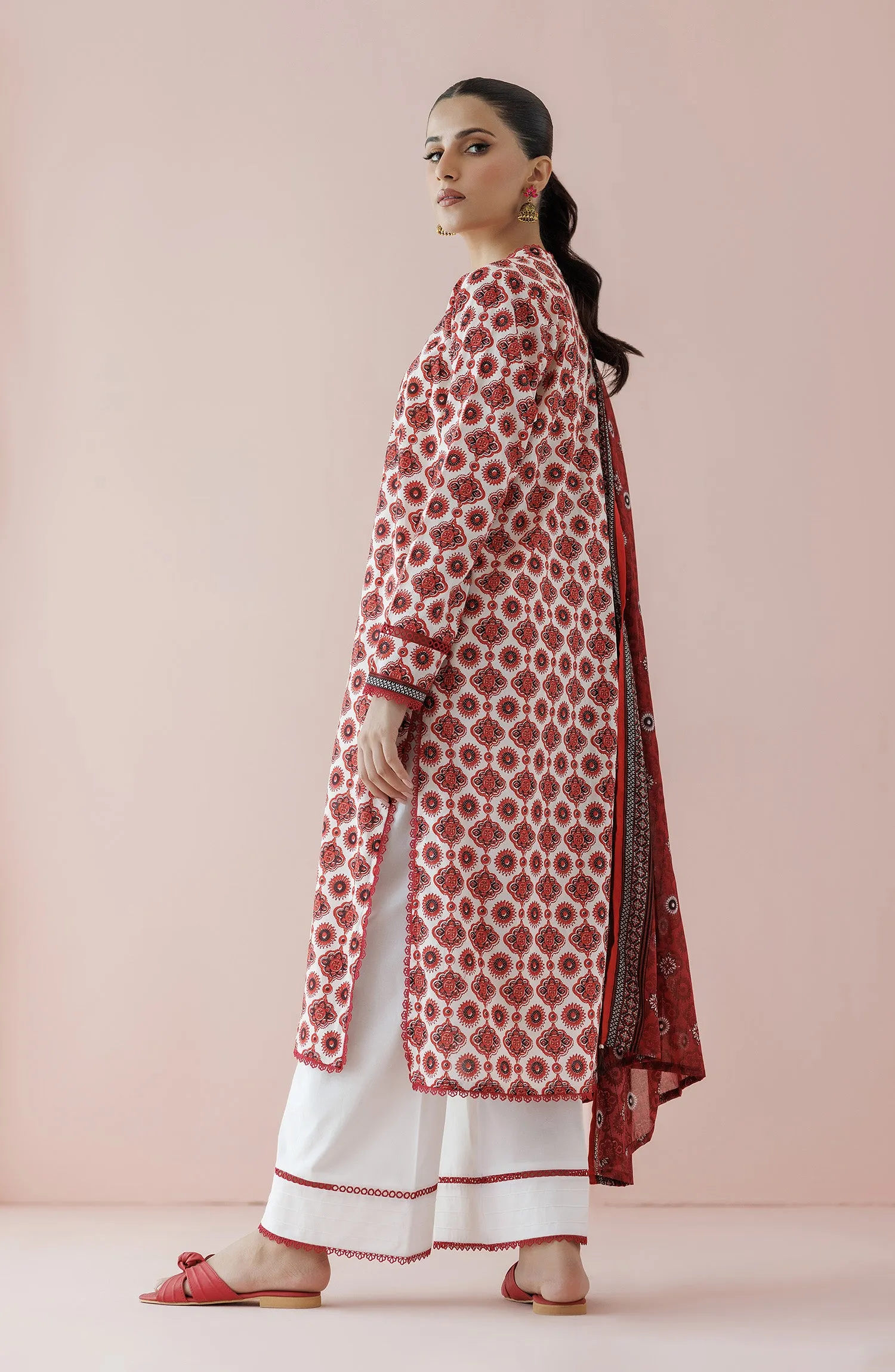 Stitched 3 Piece Printed Lawn Shirt , Cambric Pant and Lawn Dupatta (OTL-24-158/S BEIGE)