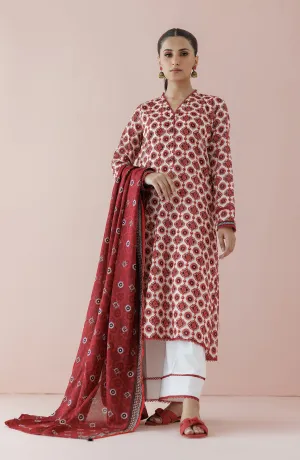 Stitched 3 Piece Printed Lawn Shirt , Cambric Pant and Lawn Dupatta (OTL-24-158/S BEIGE)