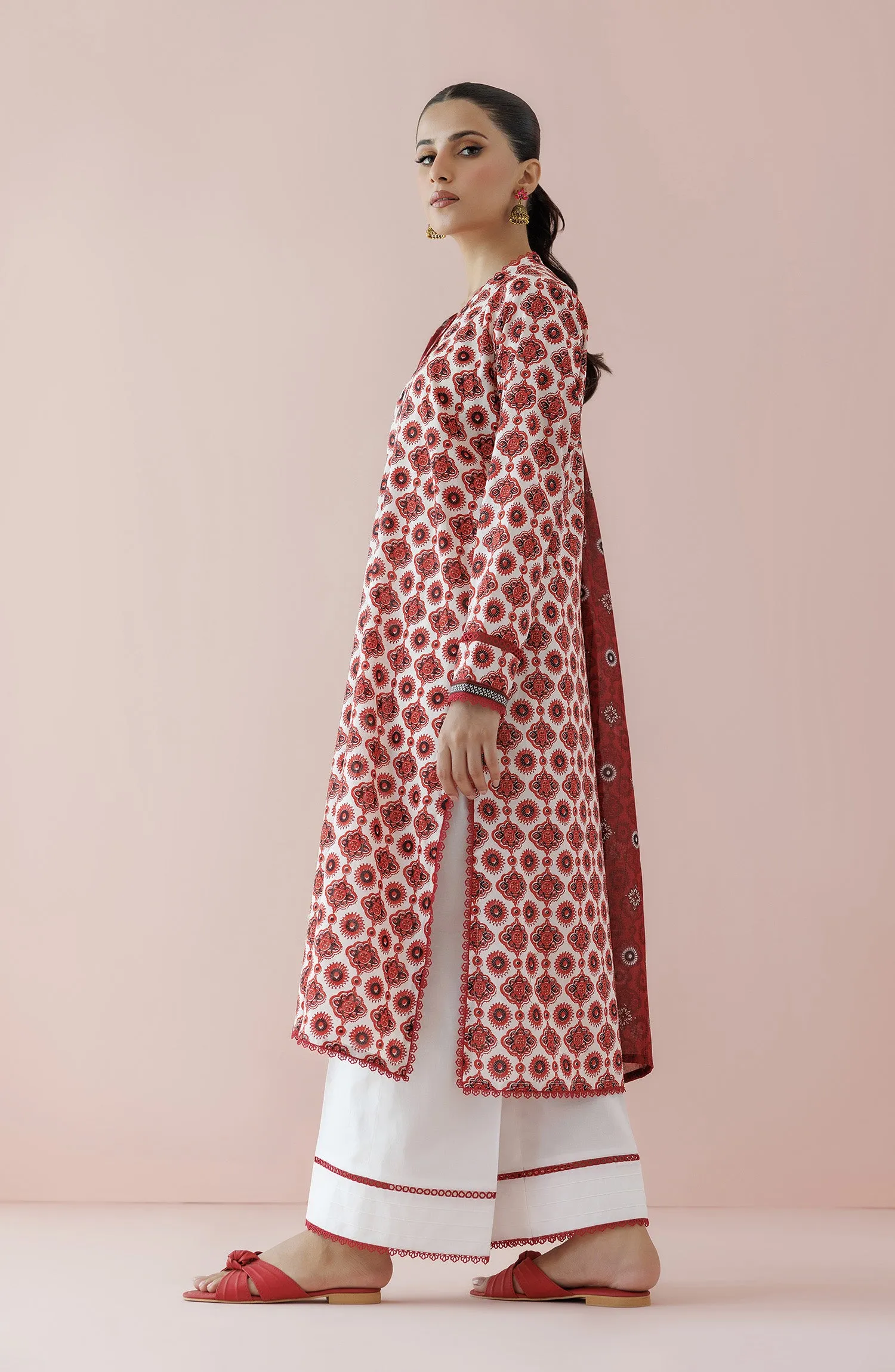 Stitched 3 Piece Printed Lawn Shirt , Cambric Pant and Lawn Dupatta (OTL-24-158/S BEIGE)