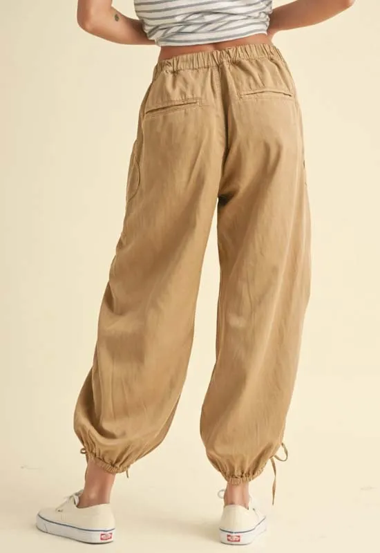 Washed Drawstring on Ankle Pants - Camel