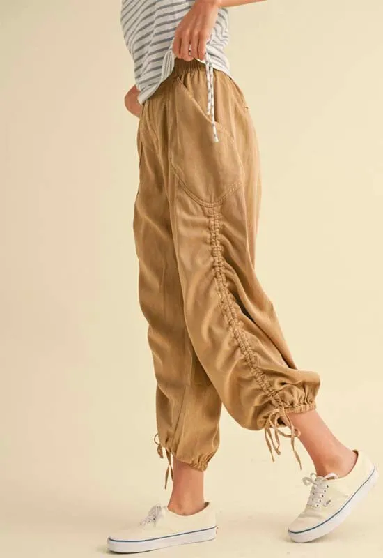 Washed Drawstring on Ankle Pants - Camel