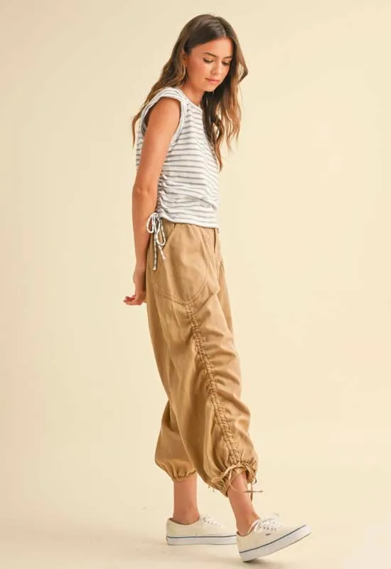 Washed Drawstring on Ankle Pants - Camel