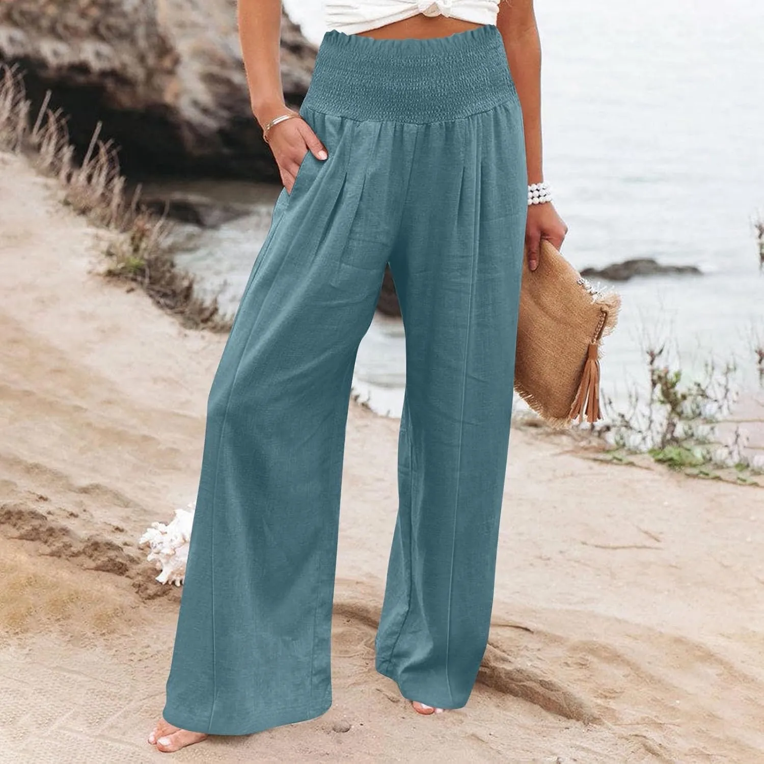 Women Cotton Linen Summer Breathable Palazzo Pants Low Waist Stretchy Slim Fit Trousers Beach