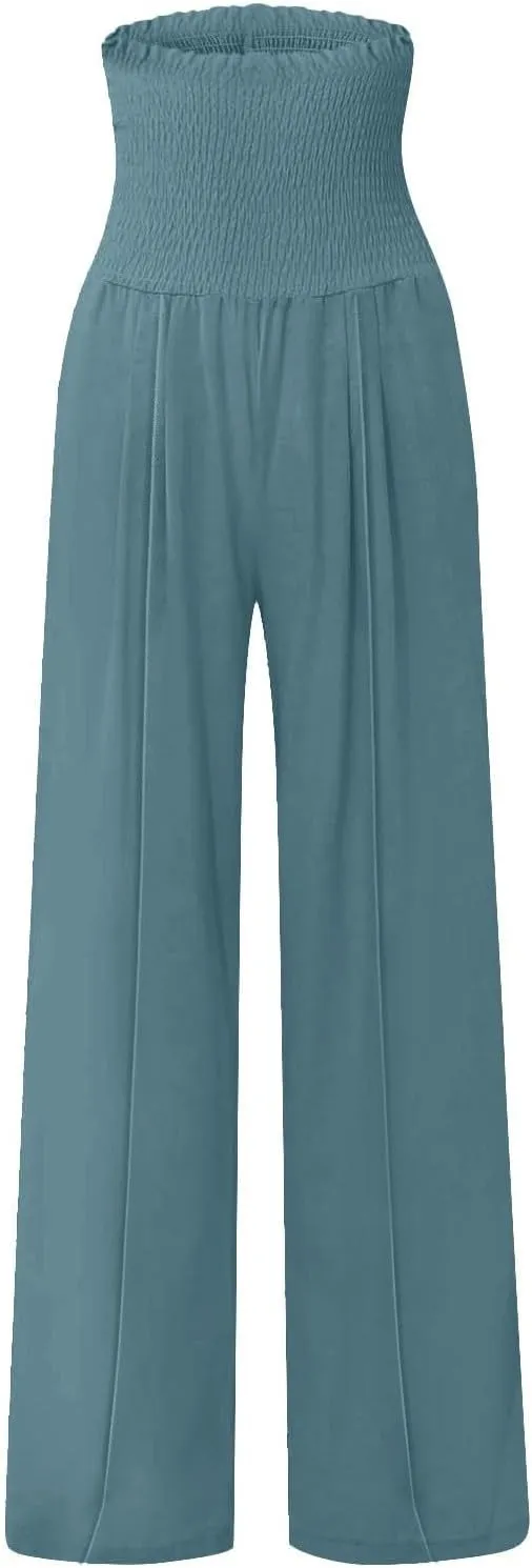 Women Cotton Linen Summer Breathable Palazzo Pants Low Waist Stretchy Slim Fit Trousers Beach