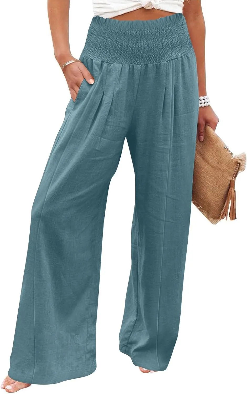 Women Cotton Linen Summer Breathable Palazzo Pants Low Waist Stretchy Slim Fit Trousers Beach