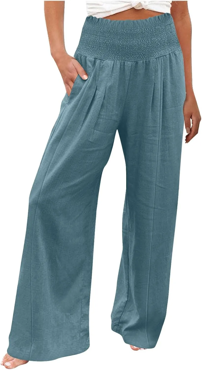 Women Cotton Linen Summer Breathable Palazzo Pants Low Waist Stretchy Slim Fit Trousers Beach