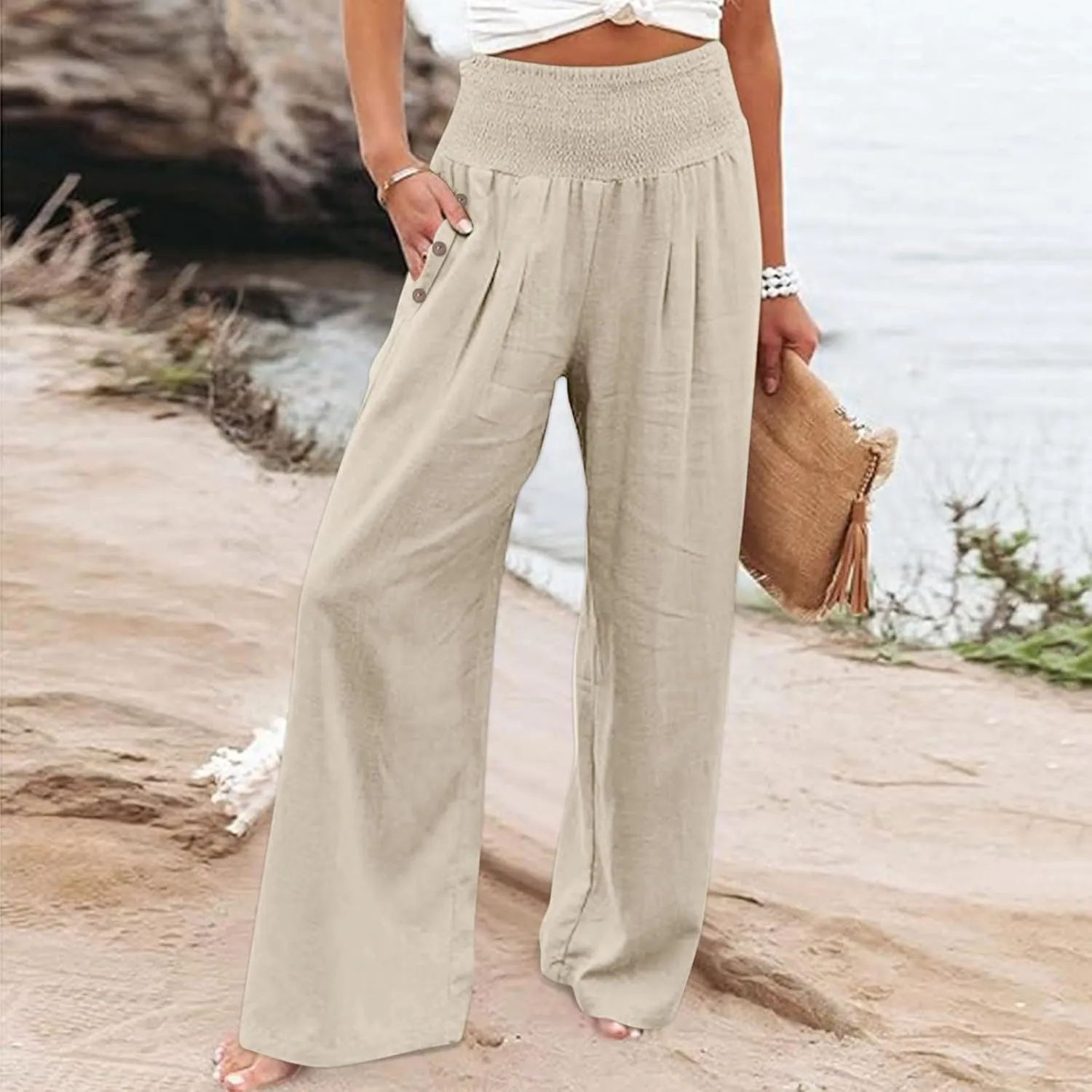 Women's Casual Linen Palazzo Pants Smocked Elastic Waist Summer Boho Wide Leg Long Flowy Lounge Trousers with Pockets