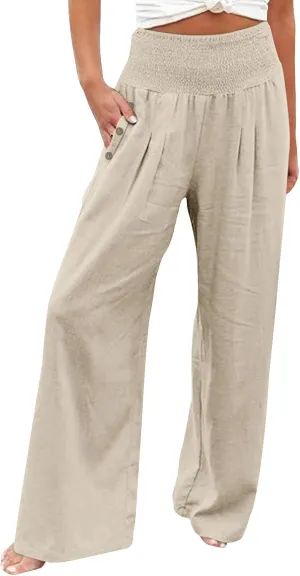Women's Casual Linen Palazzo Pants Smocked Elastic Waist Summer Boho Wide Leg Long Flowy Lounge Trousers with Pockets