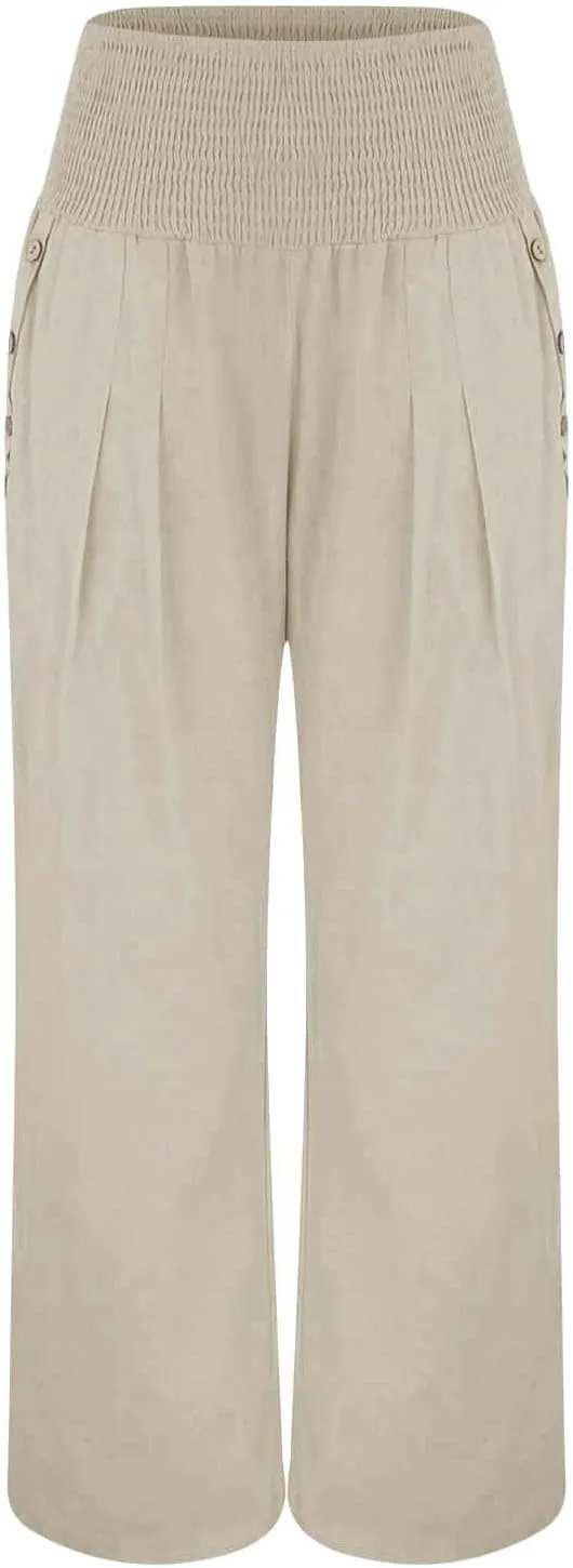 Women's Casual Linen Palazzo Pants Smocked Elastic Waist Summer Boho Wide Leg Long Flowy Lounge Trousers with Pockets