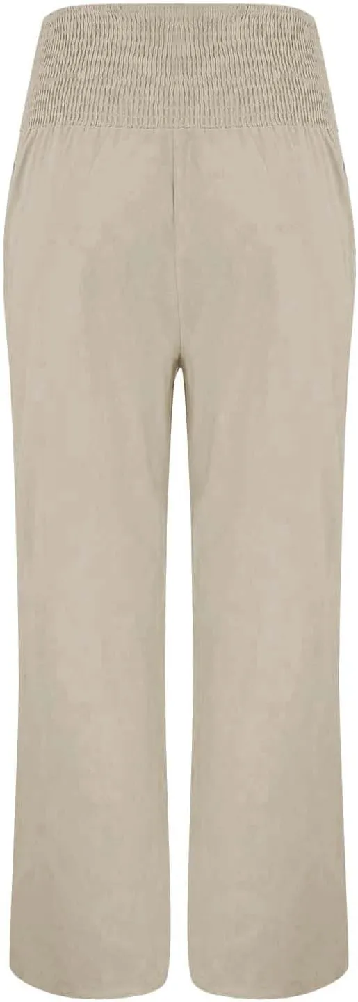 Women's Casual Linen Palazzo Pants Smocked Elastic Waist Summer Boho Wide Leg Long Flowy Lounge Trousers with Pockets